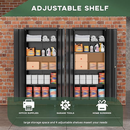 Greenvelly Metal Storage Cabinet with Wheels, 73" Black Lockable Rolling Storage Cabinets with Doors and 4 Adjustable Shelves, Large Steel Cabinet for Garage, Office, Home, School