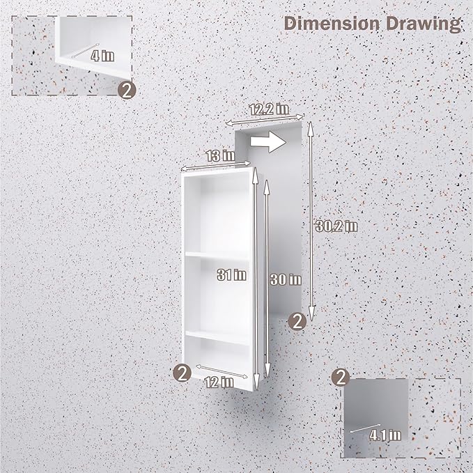 No Tile Needed Shower Niche for Bathroom Storage,Recessed Wall Niche,Three-Tier Shelves,Stainless Steel 12"×30" Matte White (White, 30 * 12 in)