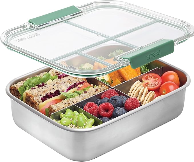 Smash Stainless Steel Bento Lunch Box, 5 Compartments, Sage, 47.3 fl oz