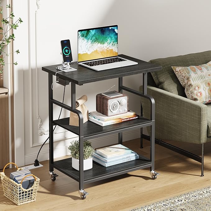 YAOHUOO 3 Tier Large Printer Stand with Power Outlet/Adjustable Storage Shelf, Rolling Cart with Wheels, Printer Table for Home Office 3D Printer/Heat Press/Laster, 23.6"×19.6" Black