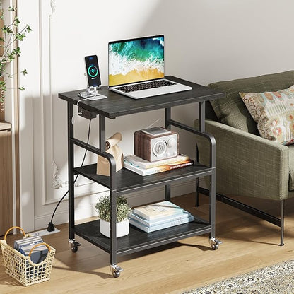 YAOHUOO 3 Tier Large Printer Stand with Power Outlet/Adjustable Storage Shelf, Rolling Cart with Wheels, Printer Table for Home Office 3D Printer/Heat Press/Laster, 23.6"×19.6" Black