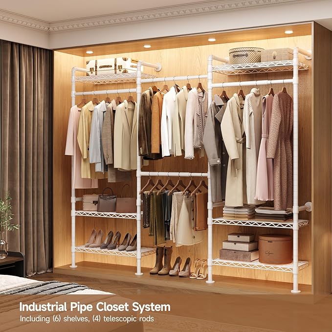 P3 Industrial Pipe Closet System, Wall Mounted Garment Racks with 4 Telescopic Rods & 6 Mesh Shelves, Heavy Duty Clothing Clothes Rack for Walk-in Closets (White)