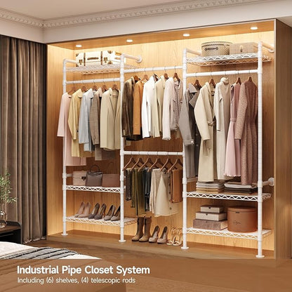 P3 Industrial Pipe Closet System, Wall Mounted Garment Racks with 4 Telescopic Rods & 6 Mesh Shelves, Heavy Duty Clothing Clothes Rack for Walk-in Closets (White)
