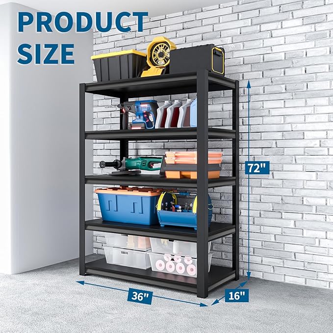 Shelving Units and Storage, 3000LBS Garage Storage Shelves, 5 Tier Shelving Unit, Steel Industrial Shelving, Adjustable Standing Shelf for Garage, Home, Warehouse 71" H x 36" W x 16" D, Black