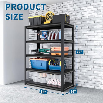 Shelving Units and Storage, 3000LBS Garage Storage Shelves, 5 Tier Shelving Unit, Steel Industrial Shelving, Adjustable Standing Shelf for Garage, Home, Warehouse 71" H x 36" W x 16" D, Black