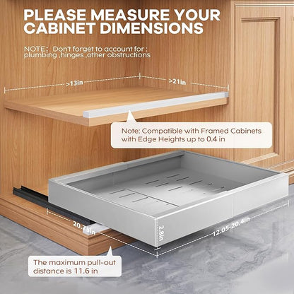 2Pack Expandable Pull Out Cabinet Organizer 21"Deep With Raising Pad for Framed Cabinets, Upgrade 3 Slide Rails Slide Out Drawers,Roll Out Shelves Adhesive,Adjustable Width 12.05"-20.4"Silver