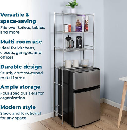Honey-Can-Do 4-Tier Over-The-Toilet Storage Shelf - Space-Saving Steel Bathroom Restroom Organizer with Neutral Chrome Finish, Ideal for Towels, Toiletries, & Essentials - 24"W x 68"H x 11"D