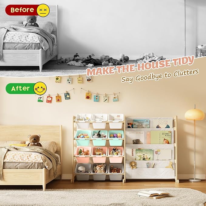 Toy Storage Organizer with Bookshelf - 12 Storage Bins 4-Tier Multipurpose Shelf to Organize Toys and Books for Kids Room, Playroom, Nursery Room, Multi-Color
