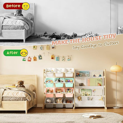 Toy Storage Organizer with Bookshelf - 12 Storage Bins 4-Tier Multipurpose Shelf to Organize Toys and Books for Kids Room, Playroom, Nursery Room, Multi-Color
