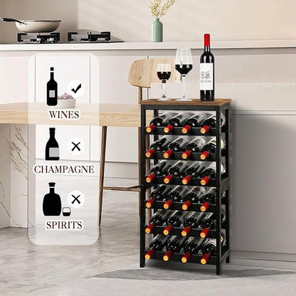 VASMIA Wine Rack Freestanding Floor, 6 Tier Bamboo Wine Storage Shelves with Table Top, 24-Botttle Wine Rack Shelf for Kitchen Bar Dining Room Living Room, Rustic Brown and Black