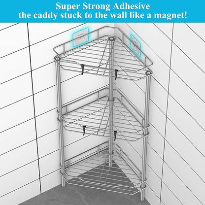 3 Tier Floor Standing Corner Shower Caddy Organizer Shelf with Hooks, Bathroom Shelves Stand Rack, Gray