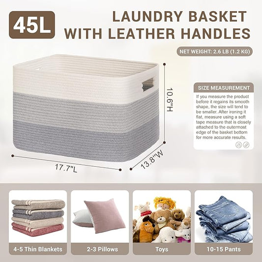 45L Small Laundry Basket with Leather Handles for Living Room Storage, Woven Rope Baskets Bin for Blanket, Kids Toy, Gifts, Wicker Hamper for Bedroom Dirty Clothes, 18"x14"x11" Gradient Grey