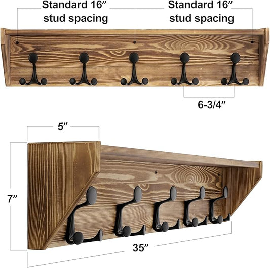 SKOLOO Wall Shelf with Hooks, 35-Inch Coat Rack Wall Mount with Shelf Organizer - Heavy Duty, 5 Tri Hooks - Perfect for Entryway, Hallway, Living Room, Bedroom, Mudroom, Wood Brown & Black