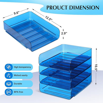 4 Pack Stackable Paper Tray Organizer File Organizer for Desk, Office Organizer and Storage for Desk Accessories, Notes, Books, File Paper, Document, Blue