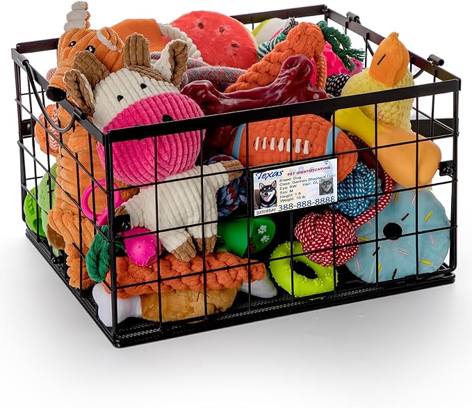 Dog Toy Basket, Dog Toy Storage Bin for Pet,Medium Toy Box for Dogs,Metal Storage Box with Handles,Toy Storage Organizer,Dog Toy Organizer Holder Boxes for Living Room（Black）