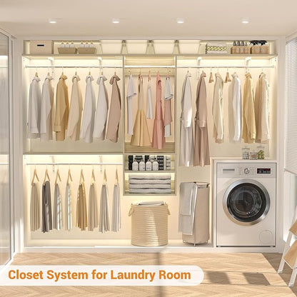 96 Inch Hanging Closet System, 8 FT Closet Organizer System with Hanging Rod, Walk In Mounted Closet System, Built-In Clothes Garment Rack with 3 Shelving Towers(Can Be Cut To Fit), Oak