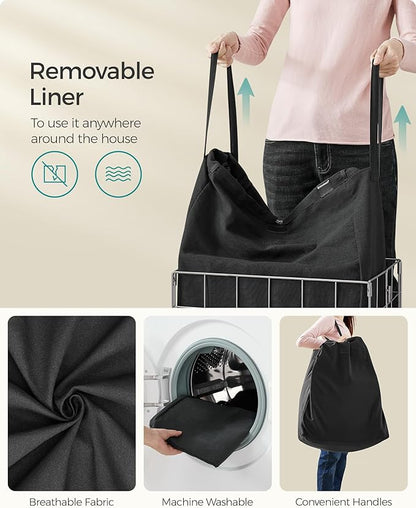 SONGMICS Laundry Hamper, 23.8 Gal. (90L) Laundry Basket, Collapsible Clothes Hamper, Removable and Washable Liner, Metal Wire Frame, for Bedroom Bathroom, Silver and Classic Black ULCB190B01