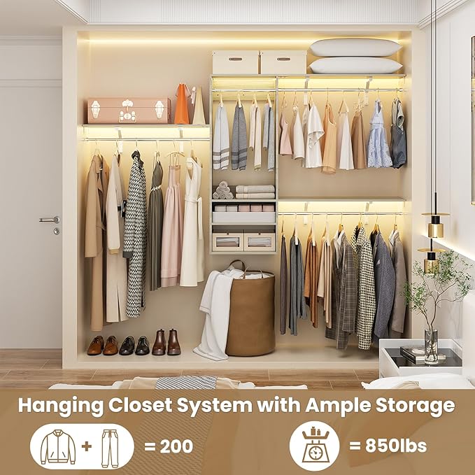 96 Inch Hanging Closet System, 8 FT Closet Organizer System with Hanging Rod, Walk In Mounted Closet System, Built-In Clothes Garment Rack with 3 Shelving Towers(Can Be Cut To Fit), Oak