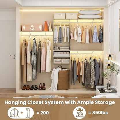8FT Hanging Closet System, 96 Inch Closet Organizer System with Hanging Rod, Walk In Mounted Closet System, Built-In Clothes Garment Rack with 3 Shelving Towers(Can Be Cut To Fit), Oak