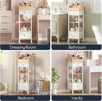 HOOBRO Makeup Organizer Cart with Fabric Drawers, Mobile Makeup Storage with Swivel Casters and Leveling Feet, Cosmetics Display Holder for Bathroom and Bedroom Vanity, White and Natural WN20TC04