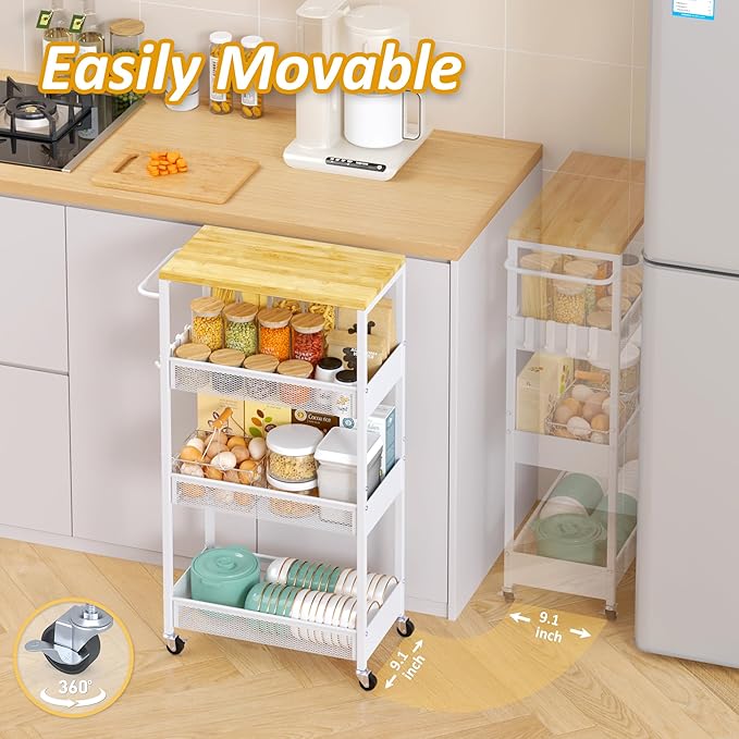 Slim Rolling Utility Cart, 4 Tier Metal Narrow Storage Cart with Handle and Wood Top, Multifunctional Small Mobile Shelf Unit Organizer Trolley for Laundry, Bathroom, Kitchen
