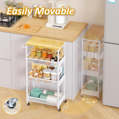 Slim Rolling Utility Cart, 4 Tier Metal Narrow Storage Cart with Handle and Wood Top, Multifunctional Small Mobile Shelf Unit Organizer Trolley for Laundry, Bathroom, Kitchen