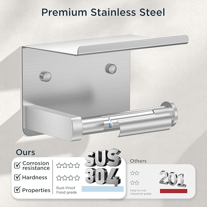 FORIOUS Toilet Paper Holder with Shelf, Adhesive or Screw Wall Mount Toilet Roll Holder for Bathroom, Rustproof 304 Stainless Steel Commercial Toilet Tissue Holder with Storage, Brushed Nickel