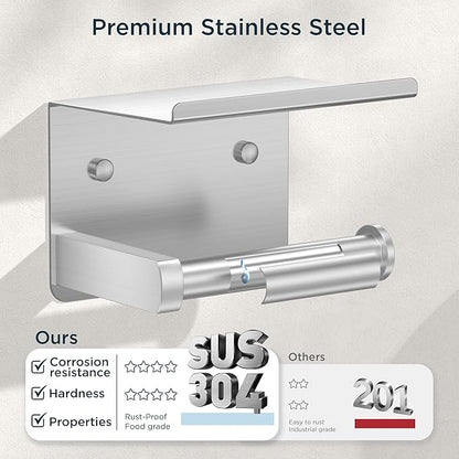 FORIOUS Toilet Paper Holder with Shelf, Adhesive or Screw Wall Mount Toilet Roll Holder for Bathroom, Rustproof 304 Stainless Steel Commercial Toilet Tissue Holder, 2 Pack Brushed Nickel