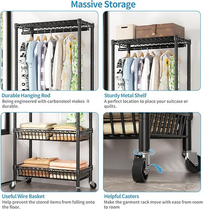 Heavy Duty Clothes Rack Rolling Garment Rack,3 Tier Adjustable Wire Shelving Clothing Racks for Hanging Clothes with Double Rods&Side Hooks,Freestanding Wardrobe Storage Rack Metal Portable Closet
