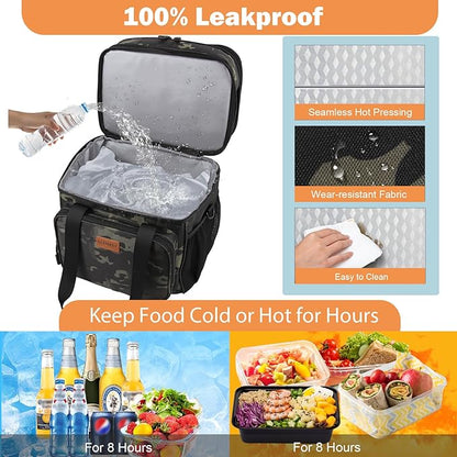 Expandable XLarge Lunch Box, Insulated Heavy Duty Lunch Bag Waterproof Leakproof Durable Cooler Bag for Men Women Adults Work Construction Camping Trip, 22L, Black-Camo