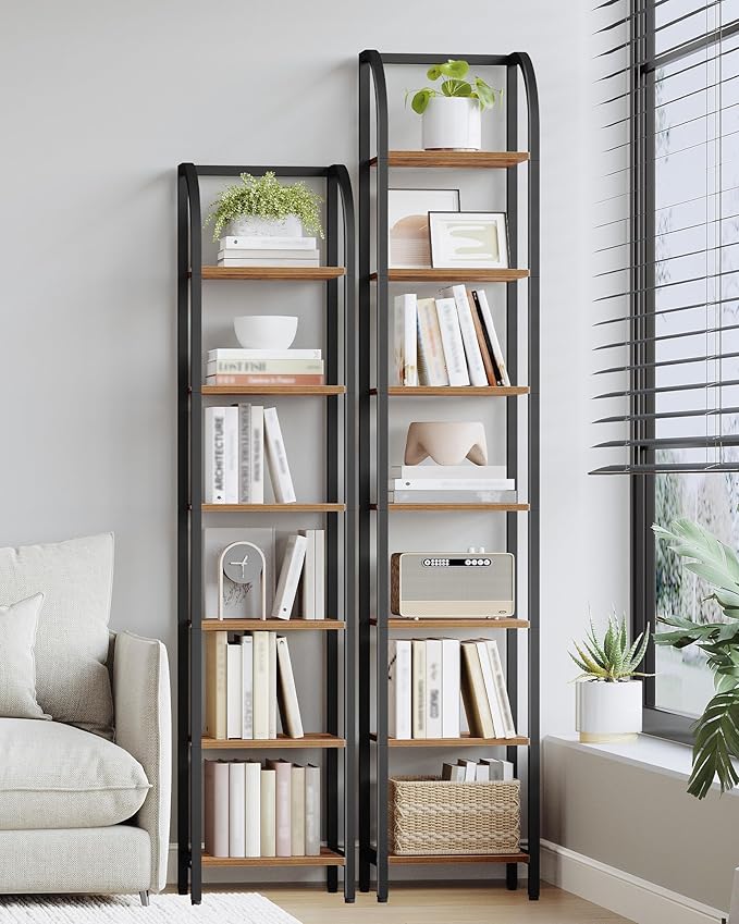 Bookshelf Narrow Bookcase, Tall Storage Rack with Steel Frame, Display Standing Shelf Unit, Skinny Book Shelf for Study Living Room, Home Office, Industrial, 7-Tier Rustic Brown BC57701B
