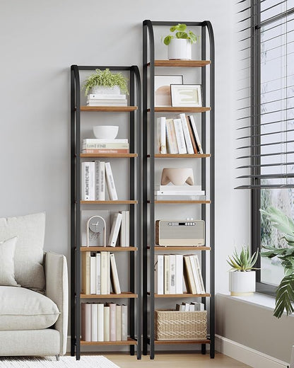 Bookshelf Narrow Bookcase, Tall Storage Rack with Steel Frame, Display Standing Shelf Unit, Skinny Book Shelf for Study Living Room, Home Office, Industrial, 7-Tier Rustic Brown BC57701B