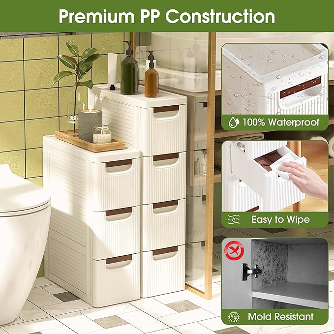 3 Drawers Narrow Storage Cabinet, Slim Bathroom Storage Cabinet, Plastic Rolling Cart Organizer for Small Spaces, Laundry, Office, Home, White