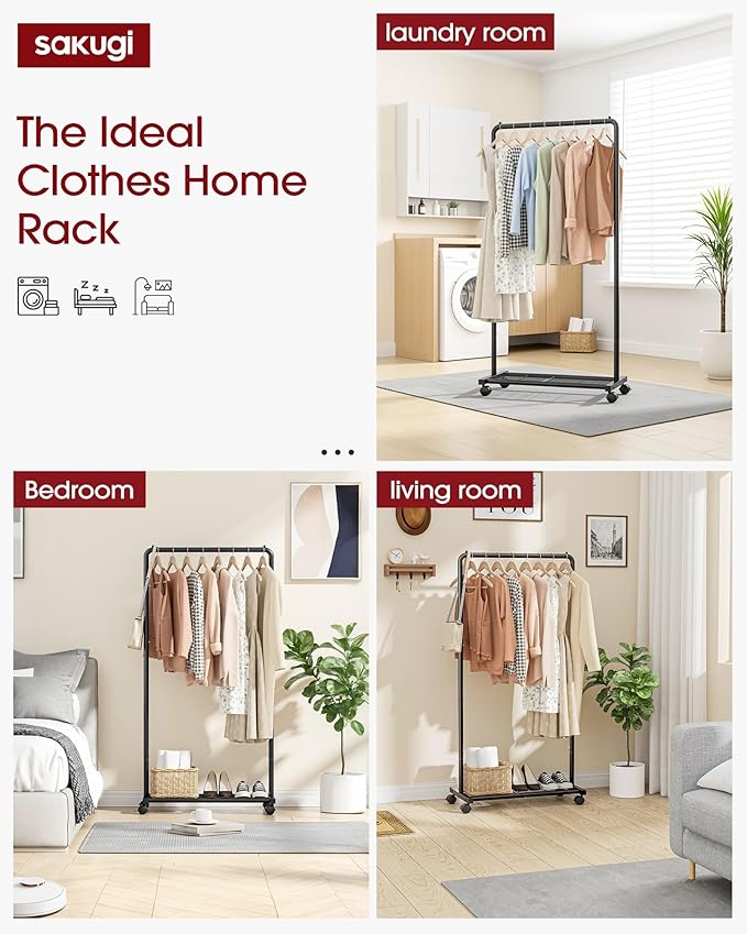 Clothes Rack - Clothing Rack with Storage Mesh Shelf & Casters, Heavy-Duty Metal Clothing Rack for Hanging Clothes, Dresses, Coats, Large Load Capacity, Easy Assembly, Black, 28.0"x16.9"x59.0"