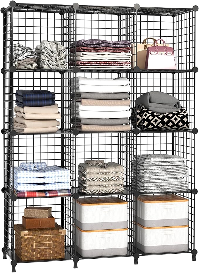 AWTATOS Wire Cube Storage Organizer, Closet Organizers and Storage, Metal 12 Cube Storage Shelves Bookshelf, Portable Closet Clothes Organizer for Bedroom, Home, Office, Black