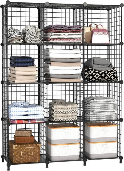 AWTATOS Wire Cube Storage Organizer, Closet Organizers and Storage, Metal 12 Cube Storage Shelves Bookshelf, Portable Closet Clothes Organizer for Bedroom, Home, Office, Black