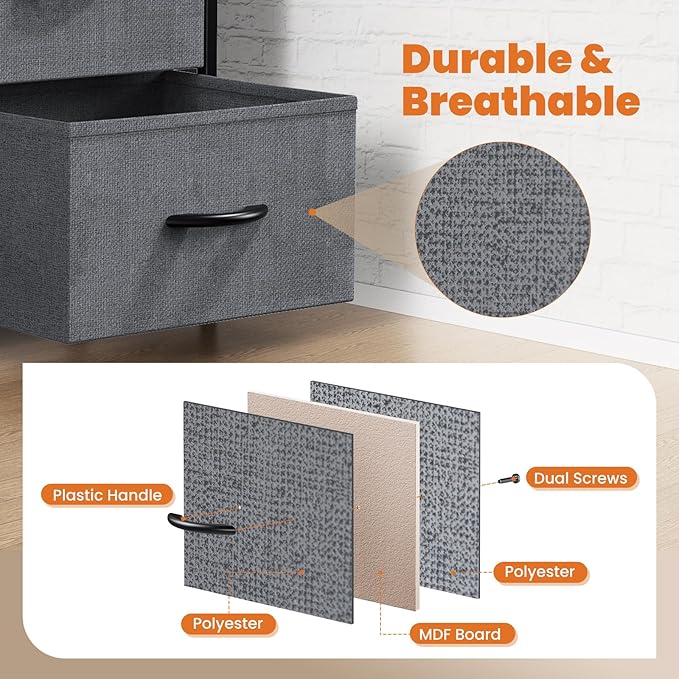 Sweetcrispy 7 Drawer Dresser Storage Organizer with Fabric Bins, Sturdy Steel Frame and Wood Top, Easy Pull Handles, for Bedroom Closet Hallway Entryway,Grey