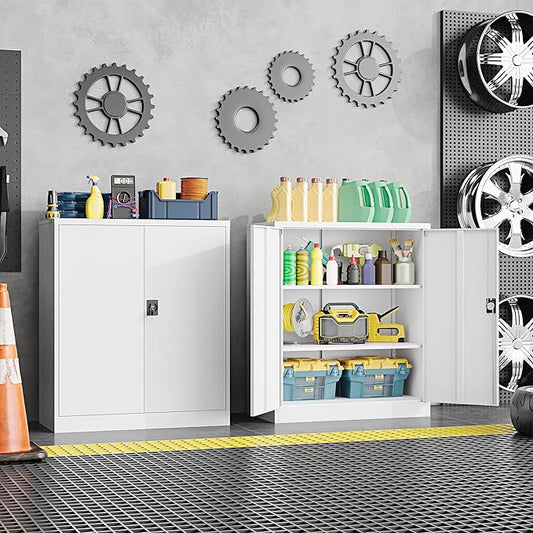 Metal Storage Cabinet，Garage Storage Cabinet with 2 Lockable Doors and 2 Adjustable Shelves, 36'' Steel Tool Cabinet for Garage, Office, Home, School(White)