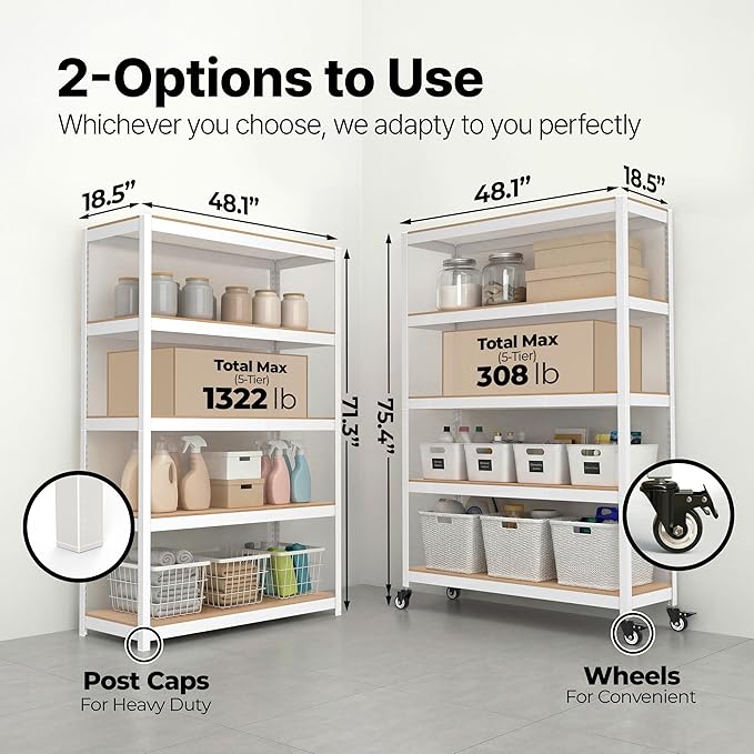 HOMEDANT House 5 Tier Heavy Duty Garage Shelving Adjustable Metal Rack Storage Shelves Standing Shelf Unit Organizers Pantry Closet Office (2, White, (Wheels) 48.1" W x 18.5" D)