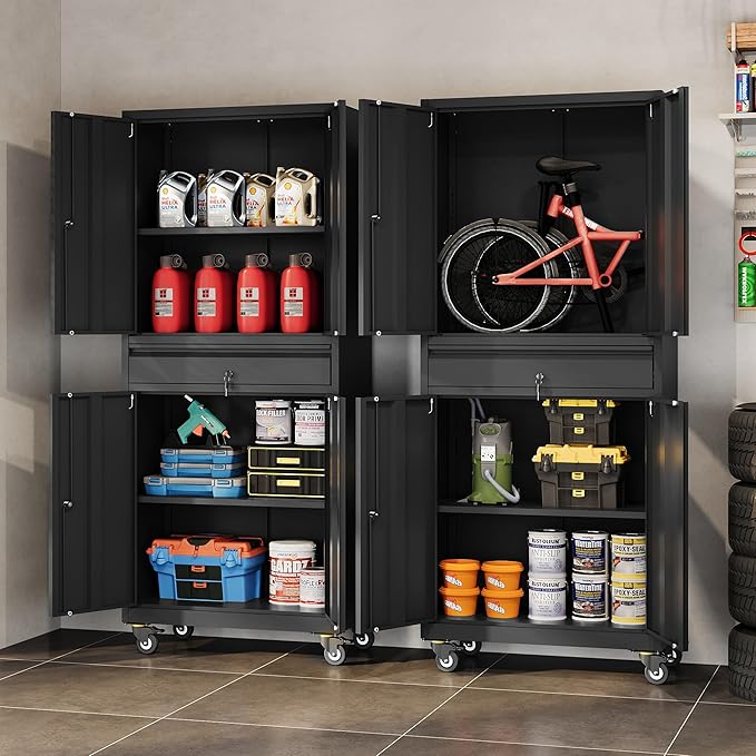 DEVAISE Metal Garage Storage Cabinet with Locking Doors and Drawer,71" Tool Cabinet with Adjustable Shelves & Wheels, 71" Steel Cabinet for Garage, Warehouse (Black)
