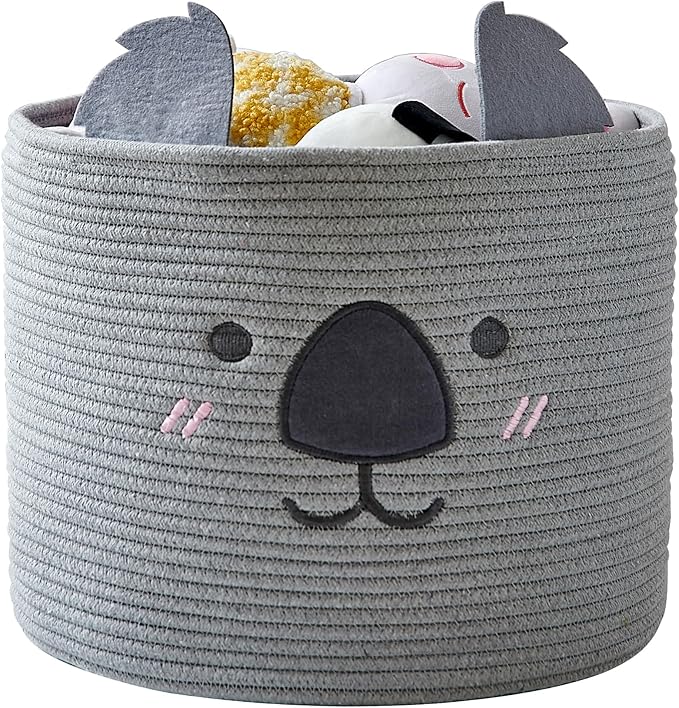 OMERAI Animal Koala Basket, Cute Cotton Rope Woven Large Blanket Basket, Toy Storage for Nursery decor and Laundry Organizer with Handles, baby hamper shower gift, 15"D x 12.6"H, Grey