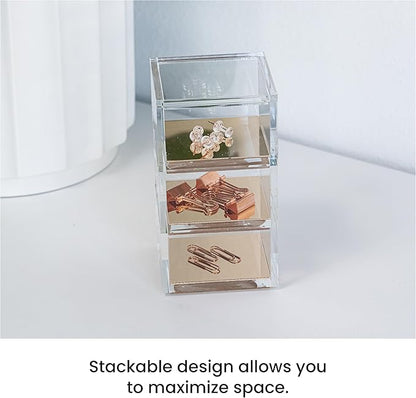 OfficeGoods 3-Tier Stackable Acrylic Holder- Stylish Desk Organizer and Storage for Office or Home – Transparent Square Design with Gold Metal Base