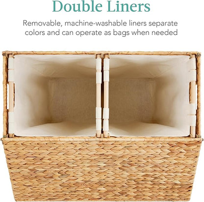 Best Choice Products Large Double Laundry Hamper with Lid, Natural Handwoven Water Hyacinth, 2 Sections w/ 2 Machine Washable Linen Liner Bags, Portable, Handles - Natural