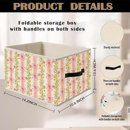 Pink Striped Bow Floral Storage Bin Box with Handles, Grandmillennial Shabby Chic Flower Botanical Foldable Organizer Basket Toybox for Girls Room Bedroom Bathroom Clothes Toys Books