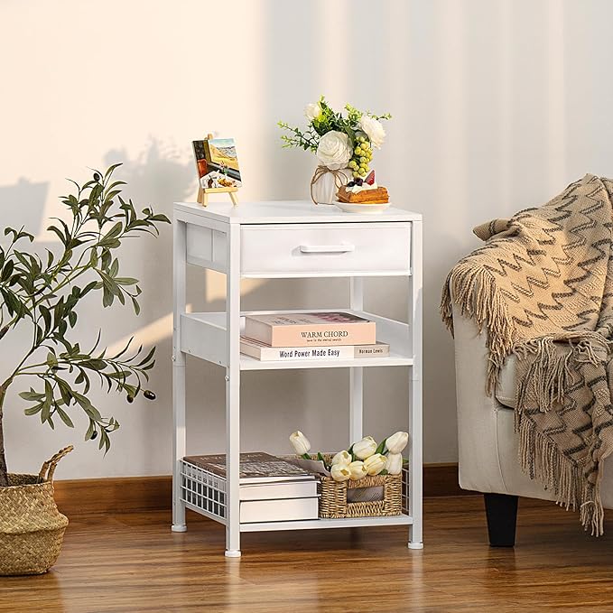 Lerliuo White Side Table Set of 2,3 Tier Industrial Printer Stand with Fabric Drawer,Modern Tall Printer Desk Holder with Storage Shelf,Bedside Tables for Home Office Fax Machine Scanner
