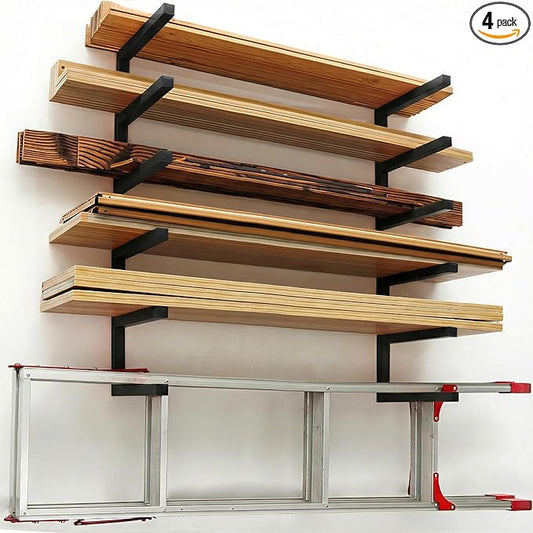 Lumber Storage Rack Wall Mount, Heavy Duty Metal Wood Organizer with 6-Level Holds Up 1200 Lbs, Indoor & Outdoor Use - Black