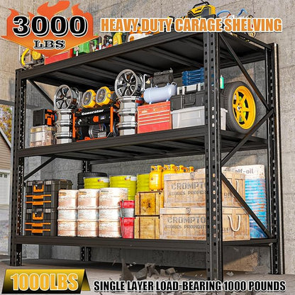 Heavy Duty Metal Garage Shelving Unit, 3-Tier Adjustable Storage Shelves, 3000LBS for Garage & Basement, Kitchen and Pantry Industrial Steel Rack, Ideal for Tool Organization & Storage, Black, 67"W