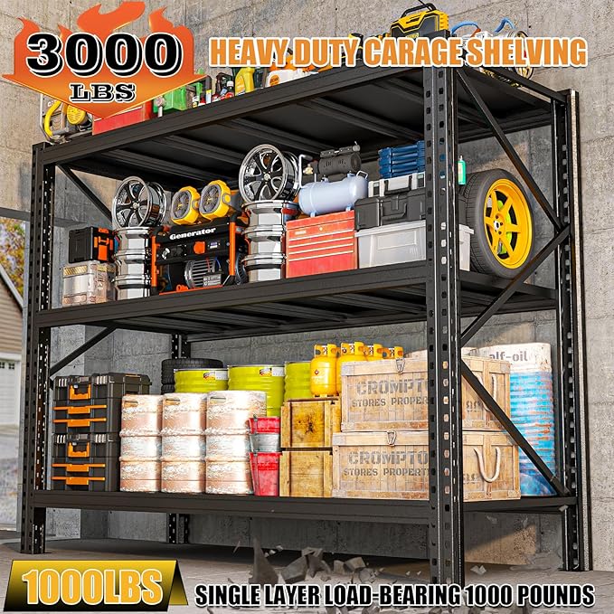 Heavy Duty Metal Garage Shelving Unit, 3-Tier Adjustable Storage Shelves, 3000LBS for Garage & Basement, Kitchen and Pantry Industrial Steel Rack, Ideal for Tool Organization & Storage, Black, 51"W