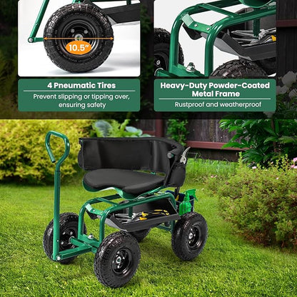 Giantex Rolling Garden Cart, 360 Swivel Workseat with 4 Wheels, Removal Cushion & Tool Tray, Storage Basket, Gardening Wagon Scooter with Adjustable Height, Handle (Green)