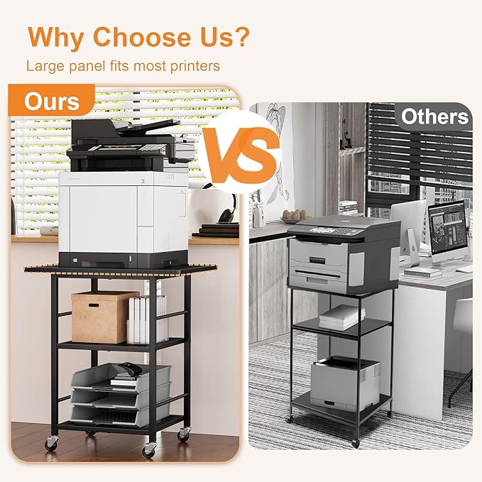 Snughome 3-Tier Printer Stand, 19.7" D×23.6" W×26.5" H Extra Large Printer Table with Storage Shelves, Rolling Cart with Lockable Wheels for Home Office, Black